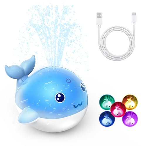 PHNIXGAM Juguete de baño para bebé, Recargable con luz, Ballena, aspersor, bañera, Piscina, Fuente de Agua, Juguete para niños pequeños (Azul)