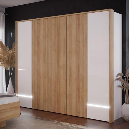 Forte LENYBELARDO Kleiderschrank 250, Moderner Dreh-/Schwebetürenschrank mit 4 Türen, Holzwerkstoff, Riviera Eiche/Weiß, 250 cm breit, 210,5 cm hoch, 54,2 cm tief