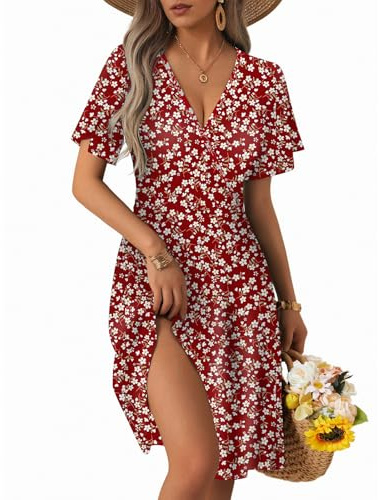 CLOUSPO Sommerkleid Damen Elegant Kurzarm Freizeit Kleider Strandkleid mit V Ausschnitt Midi Summer Dress Knielang A-Linie Tunika Kleid mit Taschen für Strand