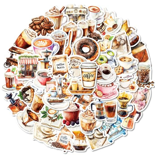 Coffee Stickers, Waterproof Vinyl Stickers for Laptops Scrapbooks, Journals & Water Bottles, Decals for Coffee Lovers Travel Mugs (50Pcs)