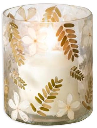 100 North PD Home & Garden Decorative Accent 5 x 4 Inch Glass Tealight Votive Candle Holder Jar Made with Real Pressed Flowers Golden Green and White Dried Botanical Floral and Ferns