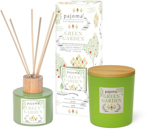 pajoma® Raumduft & Duftkerze Set Green Garden Raumduft Diffuser 100 ml & Kerze 140 g im Glas mit Holzdeckel | Frische Komposition aus Bergamotte, Orange & Lavendel | Deko-Highlight & Lufterfrischer