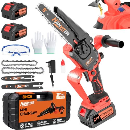 Hanviter 6 Inch & 8 Inch Mini Chainsaw - Electric Chainsaw with Automatic Lubrication System and Security Lock and 2 Batteries & 2 Chains, Chain Saw Suit for Garden Courtyard Tree Branch Wood Cutting