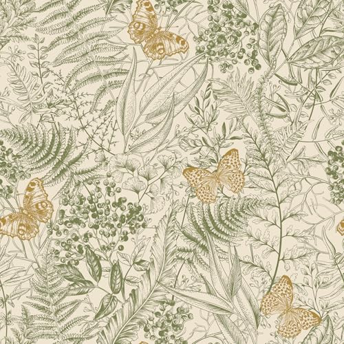 VEELIKE Tapete Blätter Farne Grün Selbstklebende Tapete Blumen Beige Schmetterling Beeren Fototapete Schlafzimmer Wohnzimmer Botanische Mustertapete Vintage Wand Dekoration Badezimmer 44.5cm x 300cm