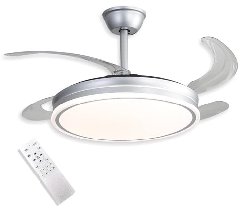 VZLED Ventilador de Techo 42 LED 48W Níquel Cepillado – Motor DC Silencioso, Aspas Transparentes retráctiles, 6 Velocidades, Reversible, Mando a Distancia