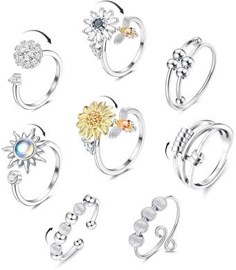 KRFY 8 Ångestringar, stressfria ringar för kvinnor silver med ångest, justerbar spinnerring, anti-stress ring med solros och månsten för kvinnor, fidget smycken för fester och presenter, Ajustable
