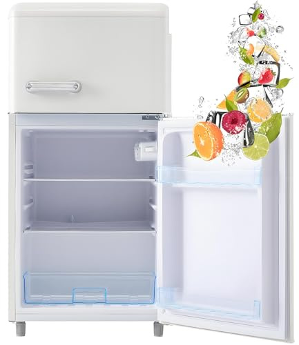 Frigorífico retro con congelador, frigorífico de 72 litros con congelador de 21 litros, frigorífico pequeño con compartimento para verduras, 120 kWh/año, luz LED.,White