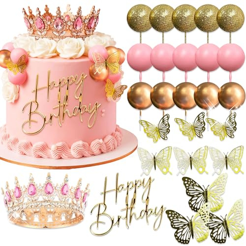 Pink Crown Cake Topper Gold Balls Cake Decor Crown Birthday | Gold Butterfly Sign for Birthday Baby Shower