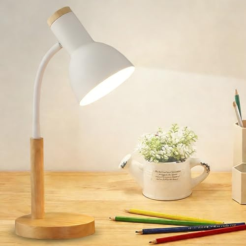 Leikurvo Schreibtischlampe Kinder, Tischlampe LED Leselampe E27 Socket Verstellbar Arm, Metall & Holz Nachttischlampe Nordischer Stil Desk Lamp für Schlafzimmer, Wohnzimmer, Arbeitszimmer(weiß)