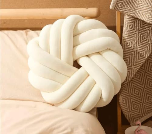 MGEMJMJ Knotenkissen, Runder überwurf, Weiches Knotenkugelkissen, Handgefertigt, Geknotet, Modernes Zuhause, Dekoratives Kissen Für Bett, Schlafzimmer, Sofa, Couch(Size:35 * 35 * 12cm,Color:Creme)