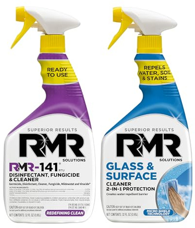 RMR Defend & Detail Duo – RMR-141 EPA Registered Mold & Mildew Spray + Glass & Surface Cleaner/Repellent, 2-Step Clean & Protect System for Glass, Tile, Bathrooms, Surfaces, 2–32 Oz Bottles