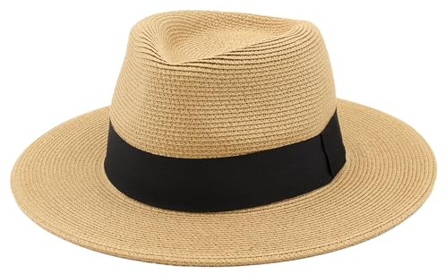 Sombrero Panamá de Verano, Sombrero de Paja Panamá para Mujer y Hombre Unisex, Sombrero de ala Ancha UPF 50 Plegable y Trenzado Intensivo (FR/ES, Números, 59, Marrón Cinta Negra Simple)
