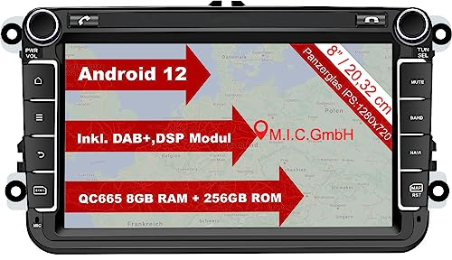 M.I.C. AV8V7-Ultra Android 13 Autoradio mit navi Qualcomm Snapdragon 665 8G+256G Ersatz für VW Golf t5 touran Passat RNS RCD Skoda SEAT: SIM DAB Plus BT 5.0 WiFi 2din 8 IPS Panzerglas Bildschirm USB