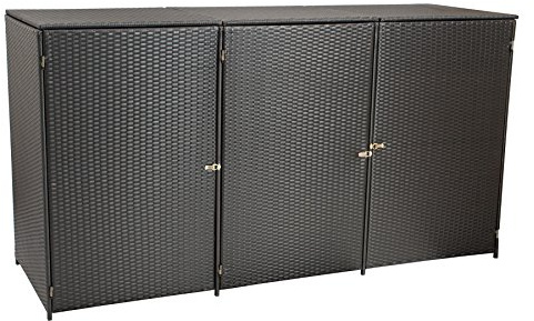 Mülltonnenbox für 3X Tonnen bis 120 Liter, 190x66x110cm, Stahl + Polyrattan Geflecht braun
