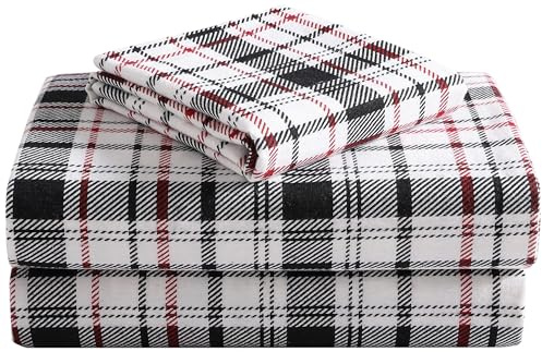 Highline Bedding Co. Flannel Sheet Set Twin Size- 100% Turkish Cotton, Double-Brushed, Ultra-Soft, Plush, Cozy 3-Piece Set (Classic Plaid, White/Blk/Red)