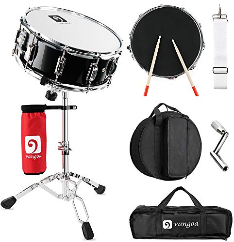 Vangoa Snaredrum-Set,14 Zoll Trommel mit Ständer, Drumstick-Halter,Tasche, Gurt, Stummpolster, 5A Drumsticks, Schlagzeugtasten Marching Snaredrum-Set für Anfänger, Studenten, Marschband