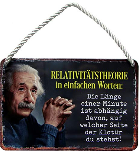 WOGEKA ART Retro Blechschild - Relativitätstheorie - Einstein WC Toilette - witziger Spruch Geschenk-Idee Geburtstag Weihnachten Deko 18x12 cm Vintage-Design Hänge-Schild HS401