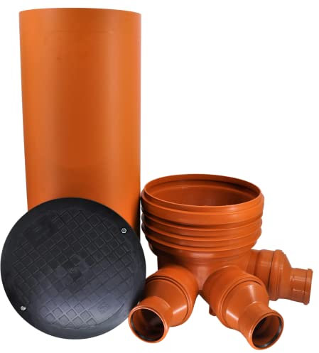 Megaastore KG Schacht DN400/DN110 - Komplett SET - KG Rohr - Kanal Entwässerung - 4 Reduktionen DN160/125- Deckel
