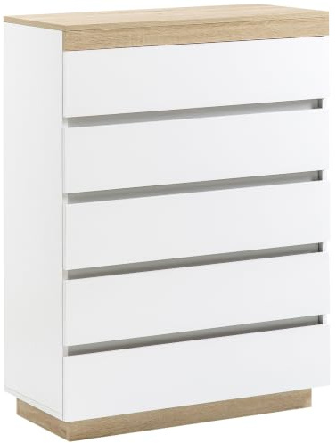 HOMCOM Kommode mit 5 Schubladen Schubladenkommode Mehrzweckschrank Sideboard Schrank Eiche+Weiß 80 x 40 x 109 cm