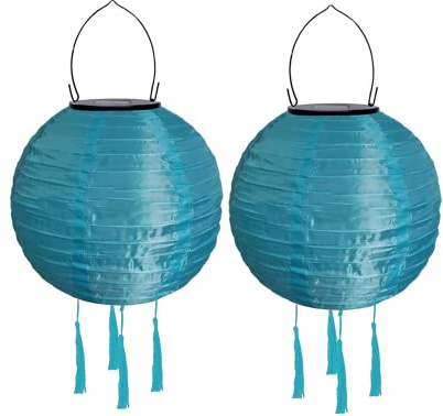 Lampions Außen Wetterfest Solar, LED Solarlaterne Außenlaternen Wasserdicht Solar Lampion mit Quaste Solarlampen Hängende Gartenlaterne Papierlampen Outdoor Ballform Papierlaterne, 20cm (2pcs-Blau)