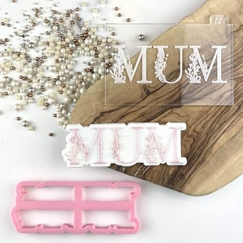 LissieLou Mum in Floral Font Mother's Day Cookie Cutter and Embosser Icing Stamp Fondant Embosser Mother's Day Theme - Light Pink/Clear