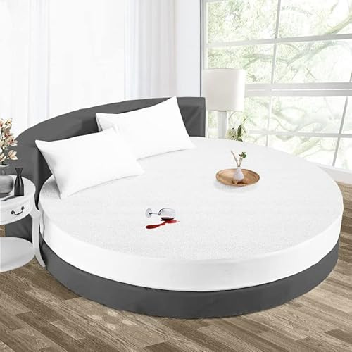 Dee's Collection 84 Diameter Waterproof Mattress Protector Pad Cover Round Bed Fitted Style Soft Terry Cotton White Fits Up to 15 Inch Deep Pocket Easy Washable Vinyl-Free