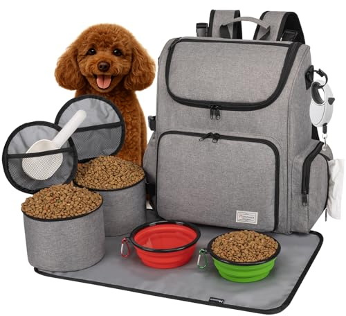 Modoker Hunde-Reisetaschen-Rucksack, von Fluggesellschaften zugelassenes Haustierzubehör-Organizer für Hund und Katze mit Schultergurt, 2 Hundefutter-Aufbewahrungsbehälter, 1 Haustiermatte, Grau