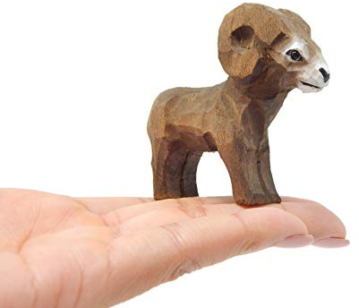 Selsela Hand-Carved Big Horn Ram Figurine - Wooden Miniature Mountain Goat Statue, Small Animal Sculpture Art Wood Carving. Rustic Home Decor & Collectible