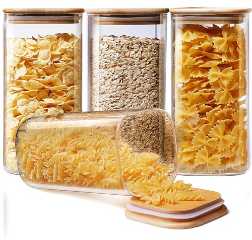 HomArtist Square Glass Jars with Bamboo Lids 53 FL OZ [Set of 4], Glass Canisters with Airtight Lid, Glass Food Storage Containers for Pasta, Cereal, Coffee, Flour, Sugar, Best for Kitchen & Pantry