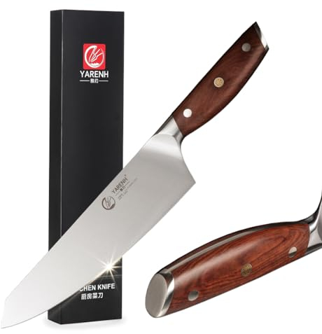 YARENH Coltello da cucina professionale - Lama da 20 cm affilata come un rasoio, antiruggine e resistente alla corrosione - Impugnatura in legno naturale - Ideale per tagliare verdure