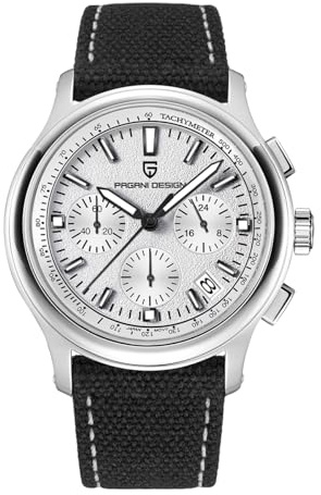 Pagani Design herrkvartsur, herrkronograf, japansk VK63-rörelse, AR-safirkristallglas, läderarmband, 100 m vattentät klocka PD-1781, Svart och vit, Minimalist
