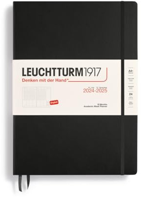 LEUCHTTURM1917 370814 akademisk veckoplanerare Master (A4+) 2025, 18 månader (07.2024-12.2025), inbunden cover, svart, engelsk