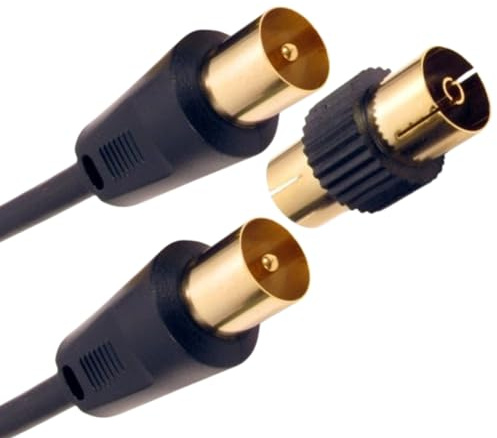 Relloh Coaxial TV Aerial Cable - Coax Satellite Cable TV Antenna AV Lead Male to Male Gold-Plated Connectors for FreeView, FreeSat, Sky Box, BT with Male to Female Adaptor (Black, 10m)