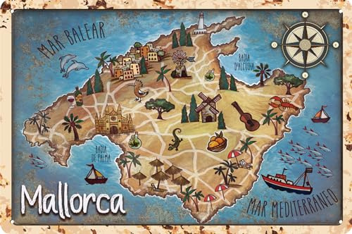 LUCKYLINDE Cartel de chapa resistente a la intemperie, placa de pared, placa para puerta, mapa de Mallorca, decoración de mapas, 20 x 30 cm
