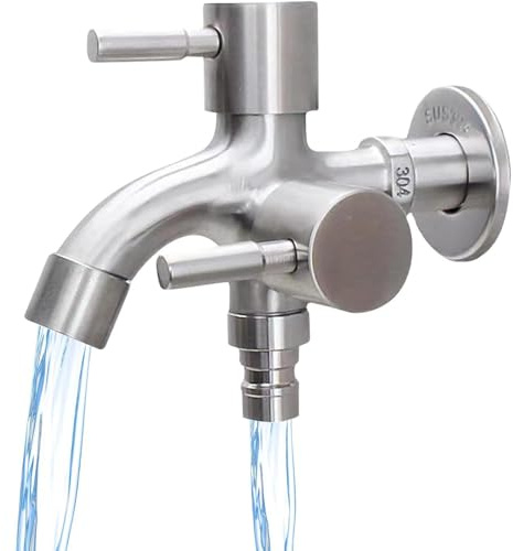 1/2 Zoll Doppel Wasserhahn, Universal Doppel Auslaufhahn, Garten Auslaufhahn Kugelhahn, Edelstahl Multifunktion Wasserhahn, Doppelanschluss Und Schlauchtülle, für Waschmaschine, Küche, Garten, Bad