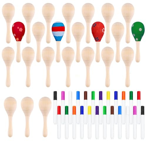CHRORINE 24/36Pcs Wooden Maracas for Kids, DIY Set with 24Pcs Color Pens, Maracas Musical Instruments for Cinco De Mayo Mexican Fiesta Birthday Party Favors Supplies (24)