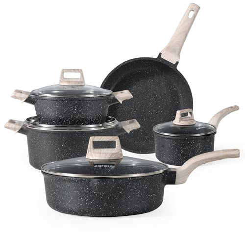 CAROTE Set 9 pezzi, padella 24 cm, casseruola con coperchio 18 cm, pentola 20/24 cm, padella profonda 28 cm, rivestimento antiaderente, set cucina, induzione, nero