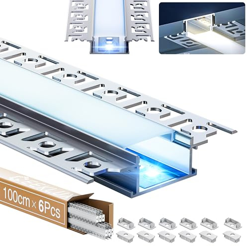 GEEKLUX 6 x LED-Profil für Gipskartonplatten, 1 m (insgesamt 6 m), LED-K für LED-Lichtleisten, geeignet für LED-Streifen bis 20 mm Breite, mit halbtransparenter PC-Abdeckung, Maße: 64,2 x 13,8 mm