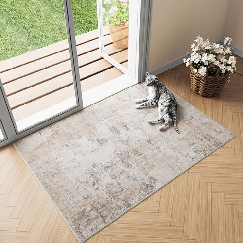 HUGEAR Entré Matta 60x90cm Beige Grå Modern Abstrakt Små Mattor Halkfria Tvättbar Golvmatta Sovrum Matsal Kontor Sängmattor Inomhusbruk Kort Lugg Carpet