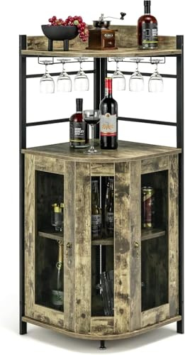 FANTASK Armoire de Bar Industrielle avec Support en Verre, Cadre en métal, Marron Clair