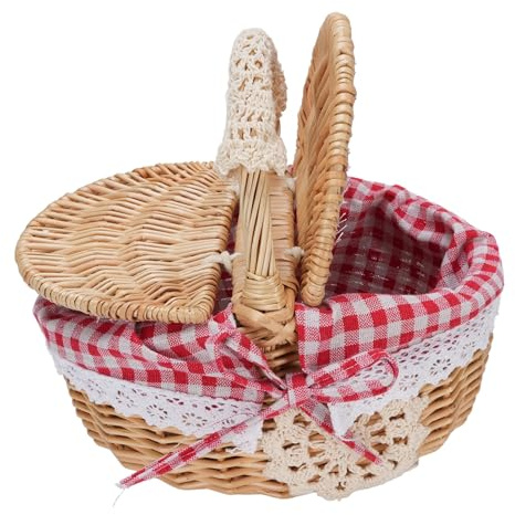 Picknickkorb mit Faltbaren Griffen für Picknick, Weidenpicknickkorb mit Abnehmbarem Liner Picknick Gartenernte Korb für Osterei -Sammel -Süßigkeitenspielzeug Hochzeit (Roter Plaid)