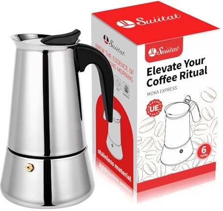 Suiitat Moka Pot, 6 Cups (10.6 oz) Stovetop Espresso Maker, 304 Stainless Steel Moka Pot, Induction Compatible, Silver