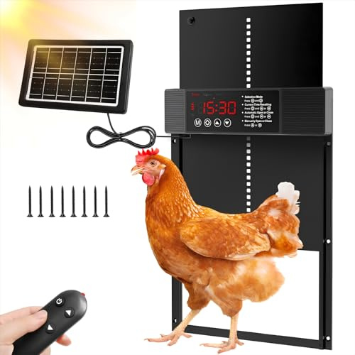TGFIX Automatische Hühnerklappe Solar mit Fernbedienung LCD Display Lichtsensor & Timer Intelligenter Hühnerstall Tür Zubehör Hühnerklappe Elektrisch Hühnertür Automatisch Aluminium (IP45)
