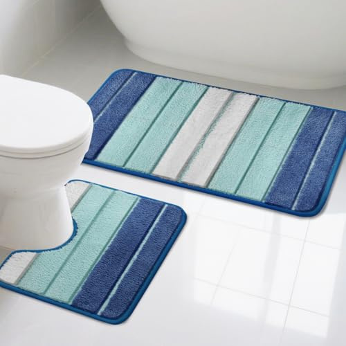 NAKIHOUSE 2 Piece Bath Mat Set Non Slip Extra Soft Bathroom Mats Water Absorbent Microfiber Foot Mats Machine Washable Rug Toilet Mat for Bathroom Floor (Blue)