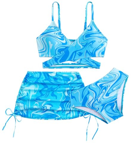 Srvak Mädchen Bikini Set,Bikinioberteil,Bikinihose und Tüllrock Bikini mit Rock Mädchen,Sommer Badeanzug für 7-12 Jahre (DE/NL/SE/PL, Alter, 12 Jahre, Regular, Blau)