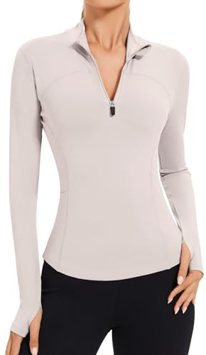 IECCP Gym Jackets Women Long Sleeve Quick-Dry Activewear Lightweight 1/4 Zip Sports T-Shirts, Side Pockets for Yoga, Running Ivory Gray S