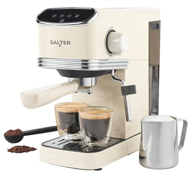 Salter Retro Cream Espresso Machine – Coffee Machine with Milk Frothing Wand, Cappuccino/Latte, 20-Bar Pressure Pump, 1.35L Water Tank, Ground Coffee, Single/Double, Digital LED Display, 1350W