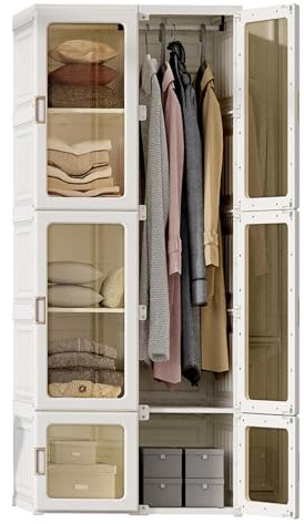 TIMORWTF, armadio contenitore bianco, pieghevole, portatile, 170 x 50 x 69 cm, con porte magnetiche e asta appendiabiti, per camera da letto