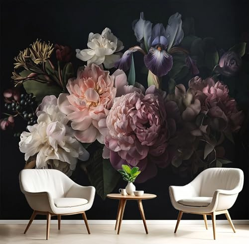 DLERFLOVR Papier Peint Hortensia,300x210cm Papier Peint Panoramique Fleurs Rétro Murale Poster Tableaux Photo Muraux pour Salon Chambre à Coucher Maison Décoration, Noir