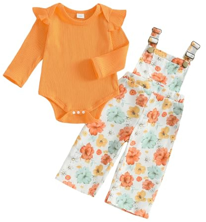 XIXIMAON Baby Girl Outfit Ribbed Knitted Bodysuit Floral Dungarees Set 2Pcs | Solid Color Long Sleeve Romper Flower Camouflage Print Suspender Trousers Infant Overall Outfit Newborn Spring Autumn Clothes